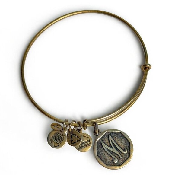 Alex and Ani Antiqued Gold Tone 'M' Charm Expandable Bangle Bracelet - Picture 1 of 4